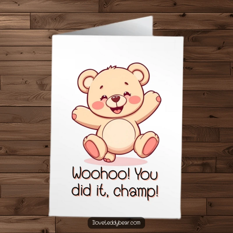 Funny Free Printable Congrats Card: A smiling teddy bear doing a wobbly cartwheel, celebrating success with energetic fun.