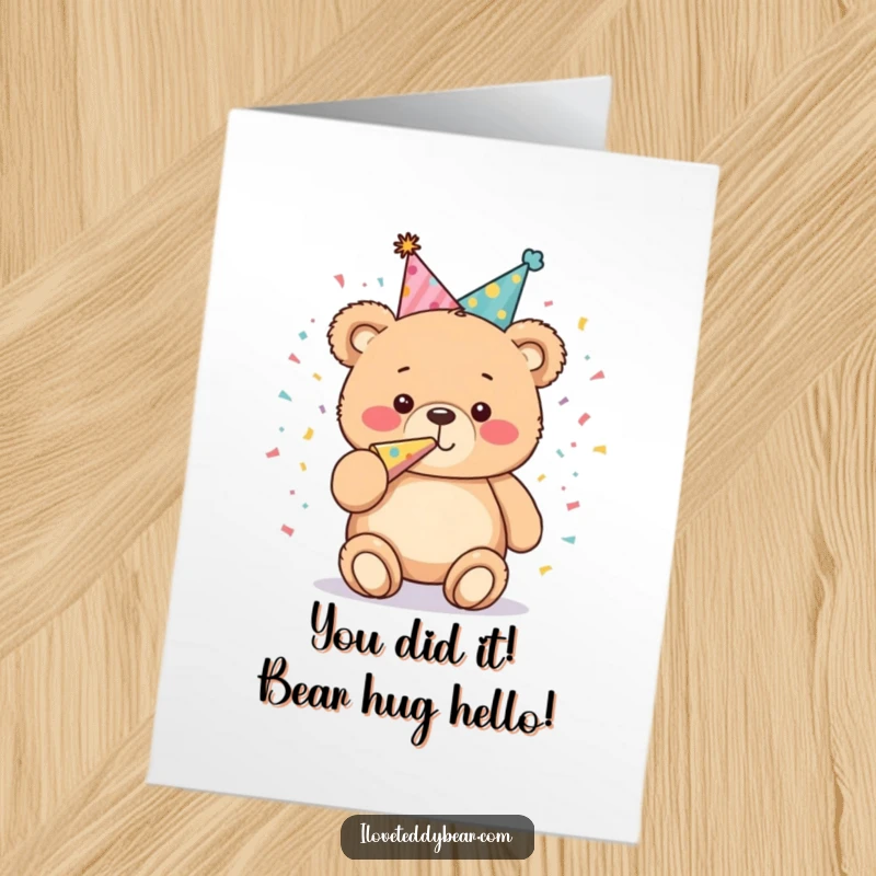 Funny Free Printable Congratulations Card: Plump teddy bear celebrates achievements by blowing a confetti horn.