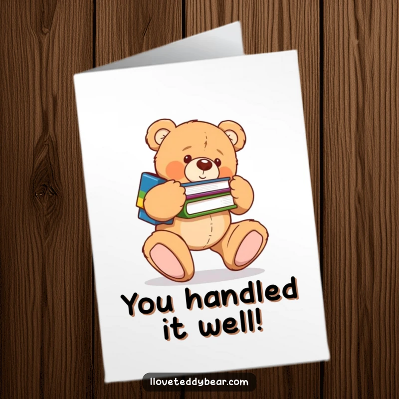 Funny Free Printable Congrats Card: Clumsy teddy bear hilariously trips over its big feet while attempting to carry books.