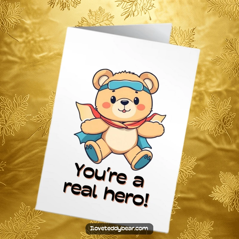 Funny Free Printable Congratulations Card: Teddy bear heroically flies with a flowing cape, celebrating a grand achievement, a downloadable.