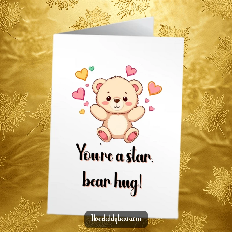 Funny Free Printable Congratulations Card: A teddy bear happily juggling multiple colorful hearts, expressing joy and celebration.