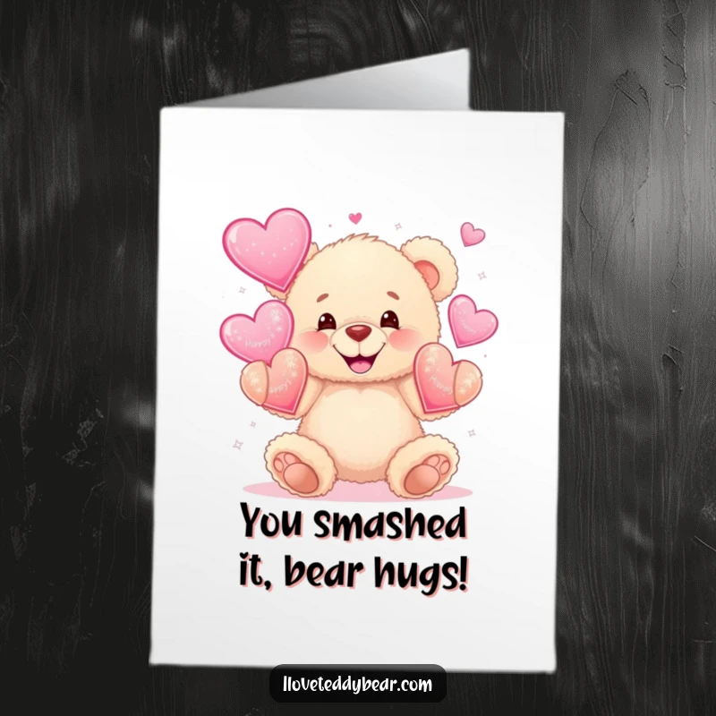 Funny Free Printable Congratulations Card: A teddy bear juggles sparkly hearts with joy, congratulating a big win.