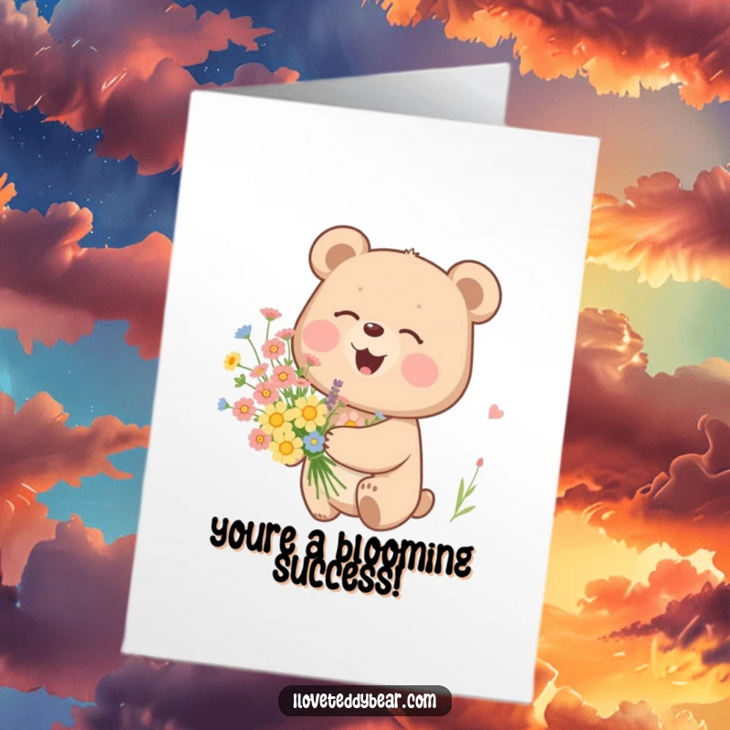 Funny Free Printable Congratulations Card: A happy bear chuckles, holding a beautiful bunch of wildflowers, celebrating good news.