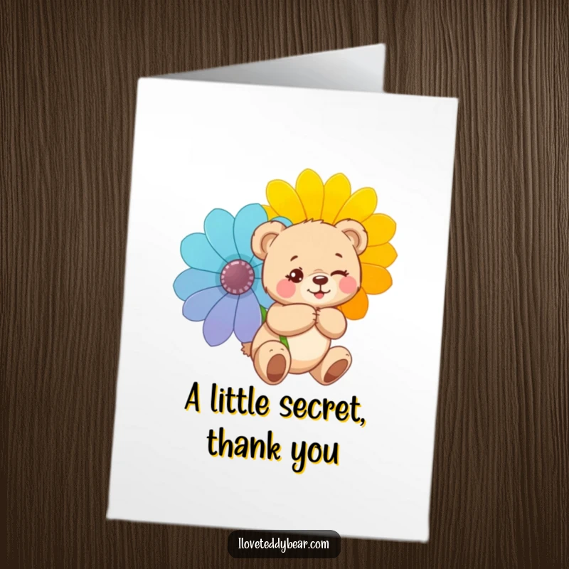 Funny Free Printable Thank You Card: Teddy bear winking mischievously, holding a giant flower behind its back, conveying thanks.