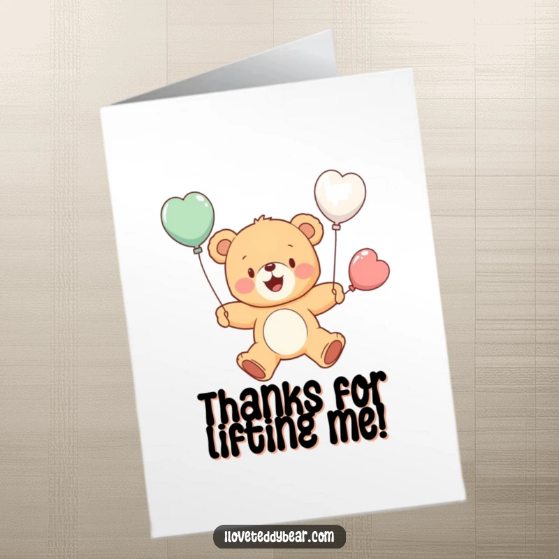 Funny Free Printable Thank You Card: Cheerful teddy bear with small balloon wings, floating joyfully to express thanks.