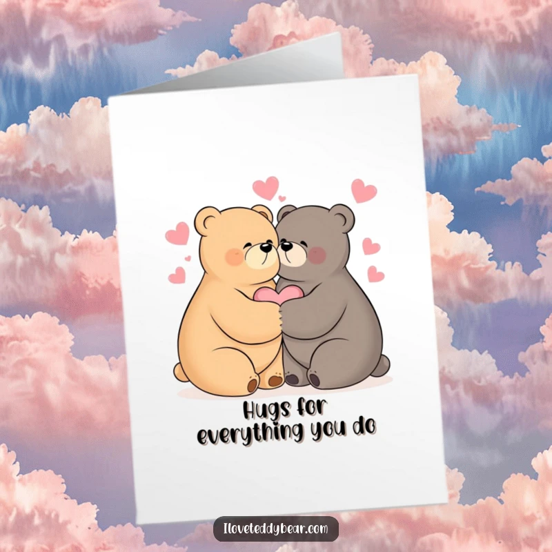 Funny Free Printable Thank You Card: Two happy bears embracing, hearts floating.