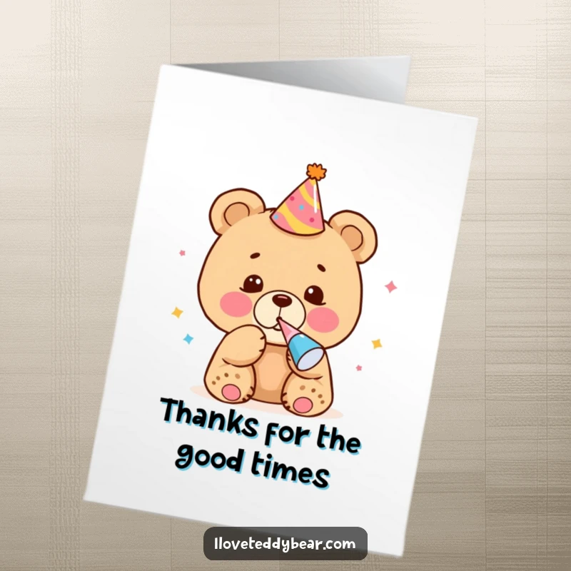 Funny Free Printable Thank You Card: Bear cub in party hat blows noisemaker, a fun way to say thanks.