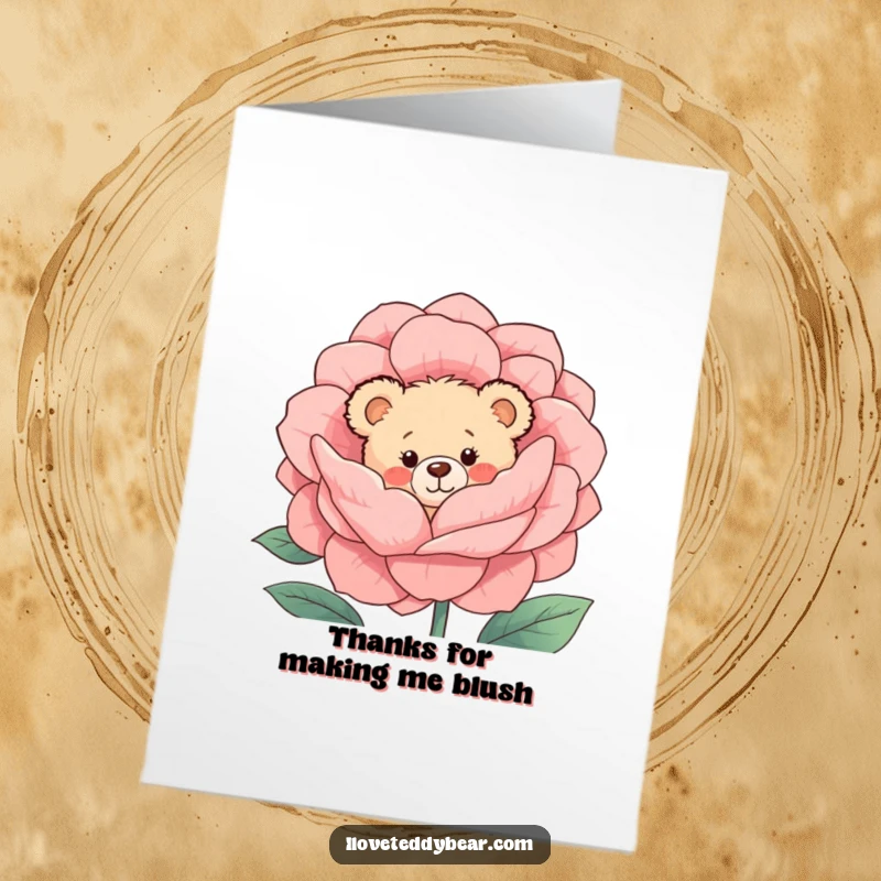 Funny Free Printable Thank You Card: Shy teddy bear peeks from a flower, offering thanks.