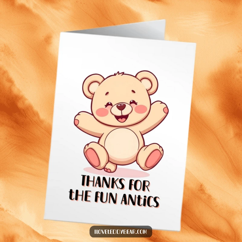 Funny Free Printable Thank You Card: Smiling teddy bear performing a comical, wobbly cartwheel to express heartfelt thanks.