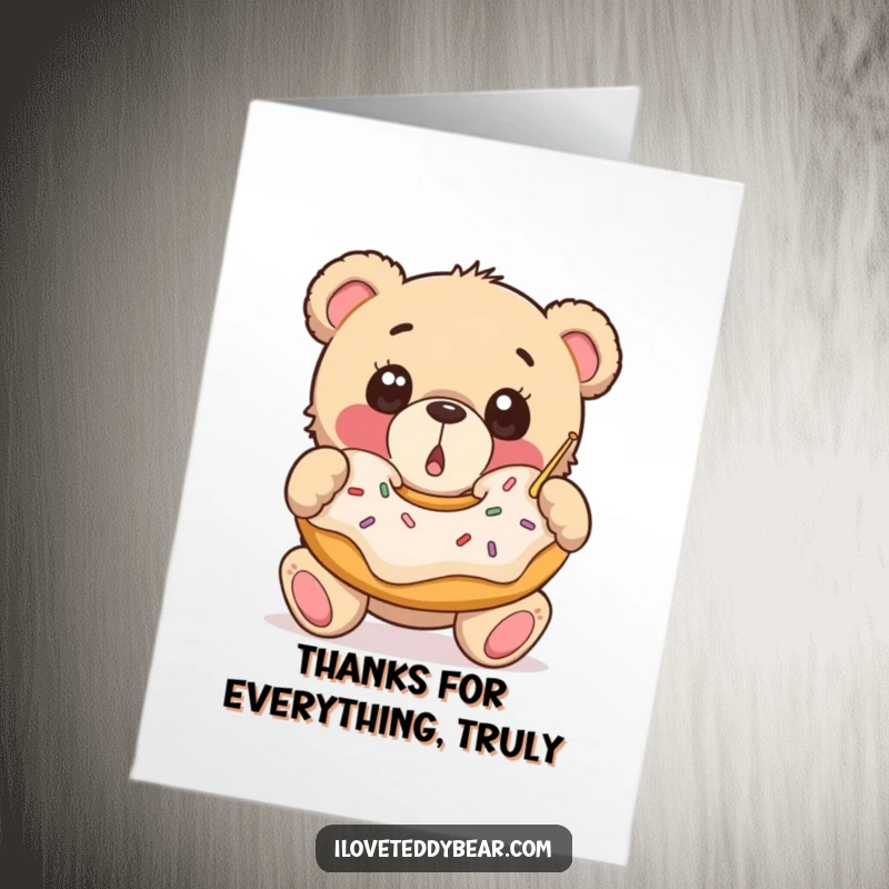 Funny Free Printable Thank You Card: Surprised teddy bear catches a giant donut with delight.