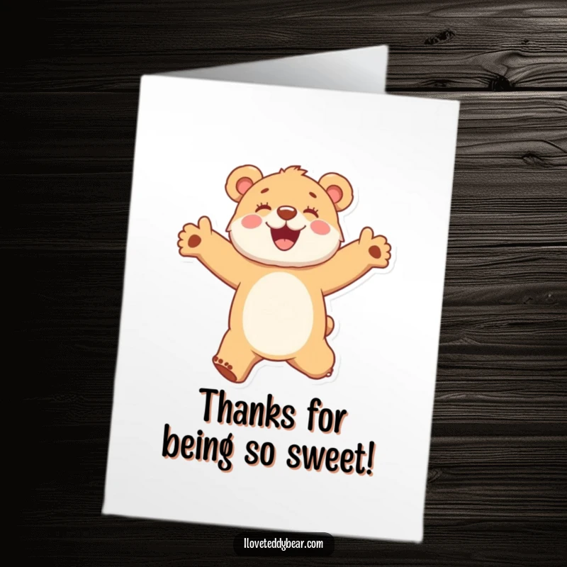 Funny Free Printable Thank You Card: a fuzzy bear cub jumping with joy, arms outstretched in a gesture of heartfelt thanks.