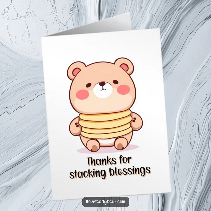 Funny Free Printable Thank You Card: Round bear with rosy cheeks balancing pancakes, offering a sweet and funny thank you gesture.