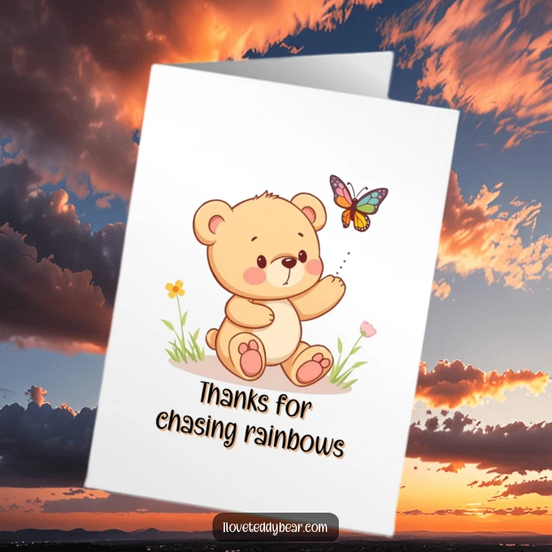 Funny Free Printable Thank You Card: A happy teddy bear playfully chases a delightful, bouncing butterfly with a smile.