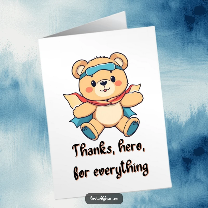 Funny Free Printable Thank You Card: A teddy bear superhero with a cape flies high, a super downloadable art.