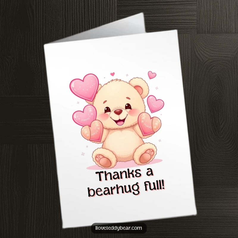 Funny Free Printable Thank You Card: A teddy bear juggles sparkly hearts with a wide grin, showing thanks.