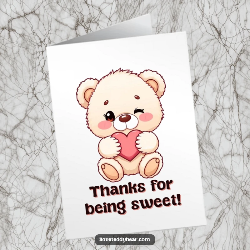 Funny Free Printable Thank You Card: A fluffy teddy bear winks lovingly while holding a symbolic heart.