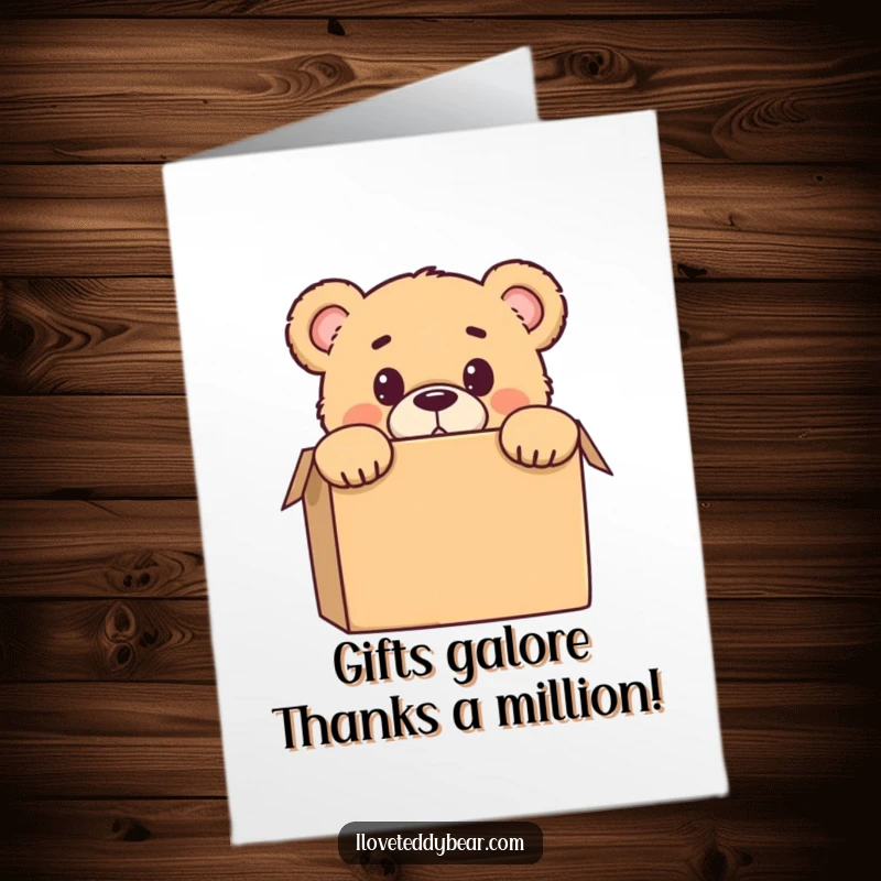 Funny Free Printable Thank You Card: Teddy bear peeking from a box, a comically startled look, great for showing thanks.