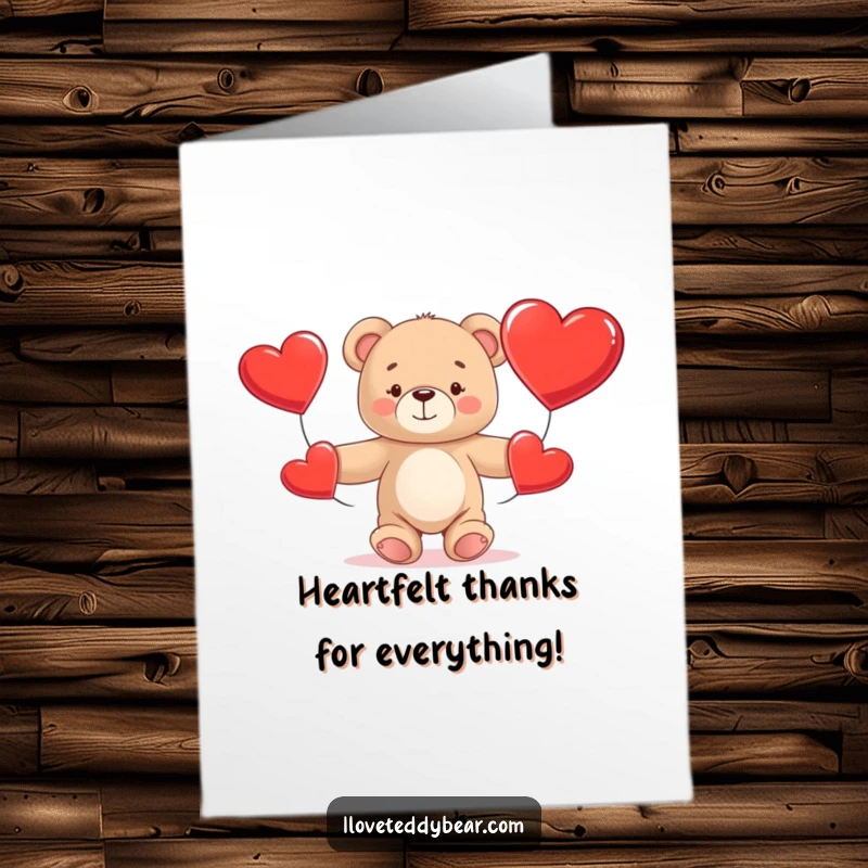 Funny Free Printable Thank You Card: A charming teddy bear juggles three big red hearts, a sweet way to show thanks.