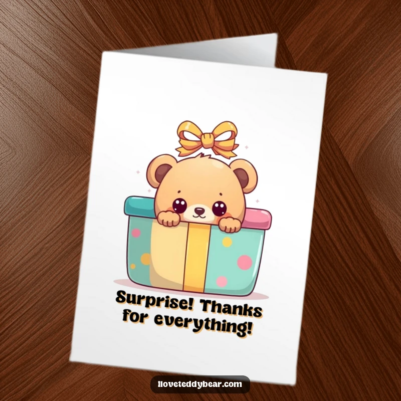 Funny Free Printable Thank You Card: Bear peeking wide-eyed from behind a giant, vibrant present.