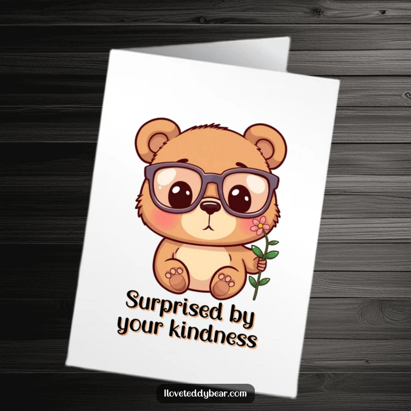 Funny Free Printable Thank You Card: Bear wearing huge glasses, staring at a tiny flower.