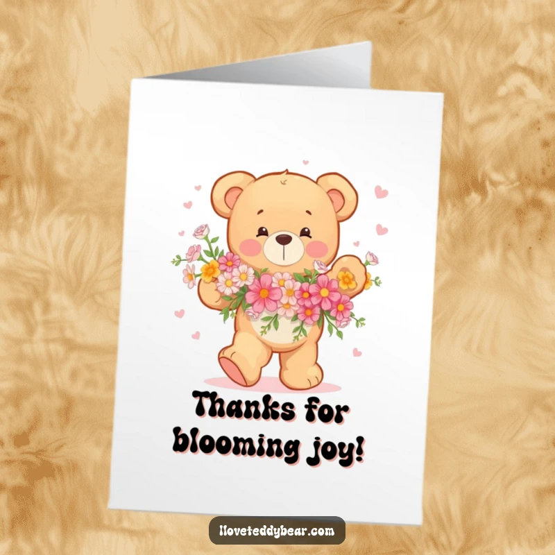 Funny Free Printable Thank You Card: A teddy bear happily dances with a lovely bouquet of flowers, sending thanks.