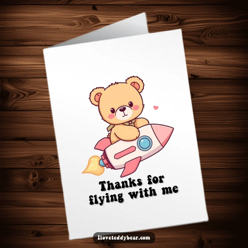 Funny Free Printable Thank You Card: Adorable teddy bear blasts off in a heart rocket, a delightful downloadable art.