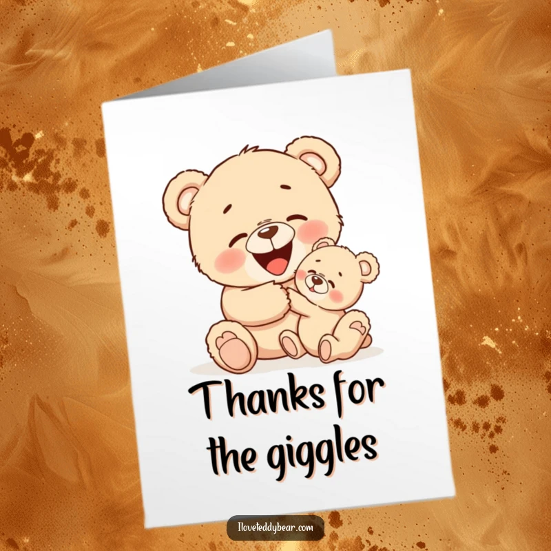 Funny Free Printable Thank You Card: A teddy bear tickles a little bear, who giggles uncontrollably, a delightful downloadable art.