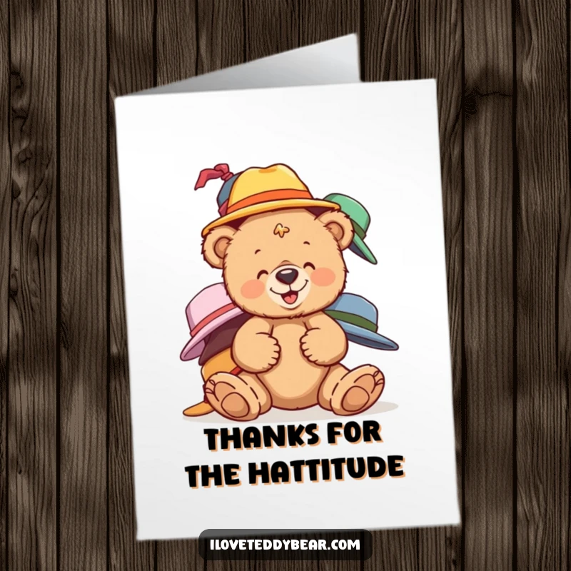Funny Free Printable Thank You Card: A teddy bear giggles heartily while precariously balancing a comical tower of diverse hats.