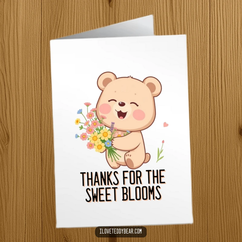 Funny Free Printable Thank You Card: A bear giggles heartily while presenting a charming bouquet of freshly picked wildflowers.