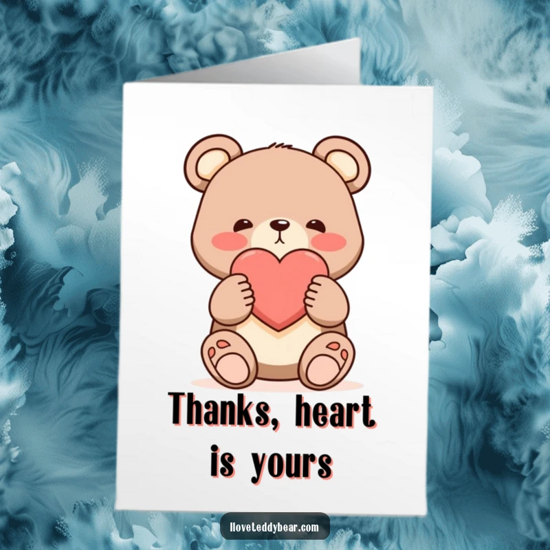 Funny Free Printable Thank You Card: A shy bear blushing and offering a large heart, conveying deep and sincere appreciation.