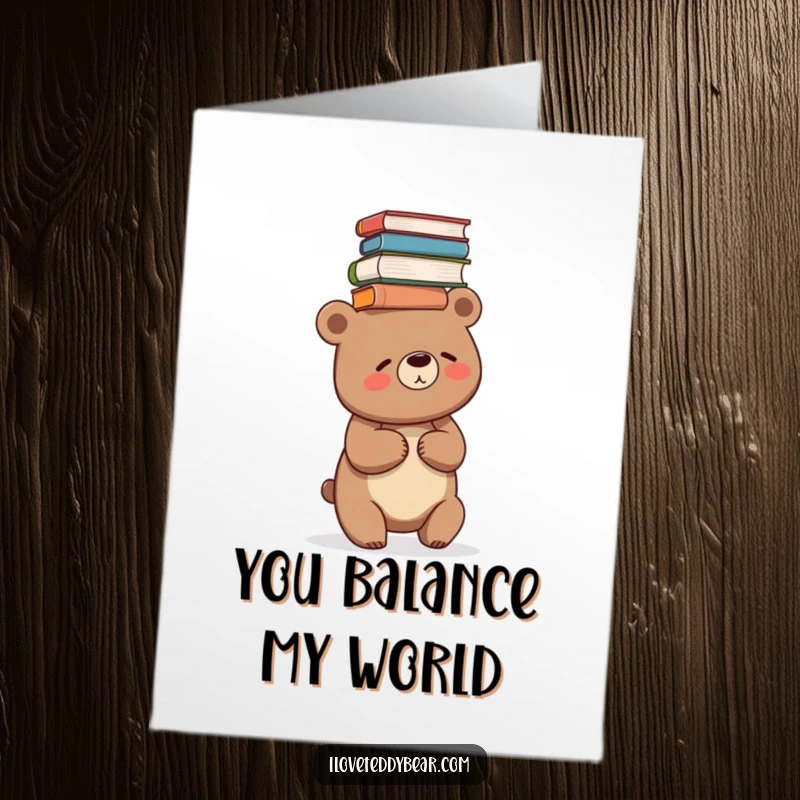 Funny Free Printable Thank You Card: Giggling bear balancing a tall stack of books.