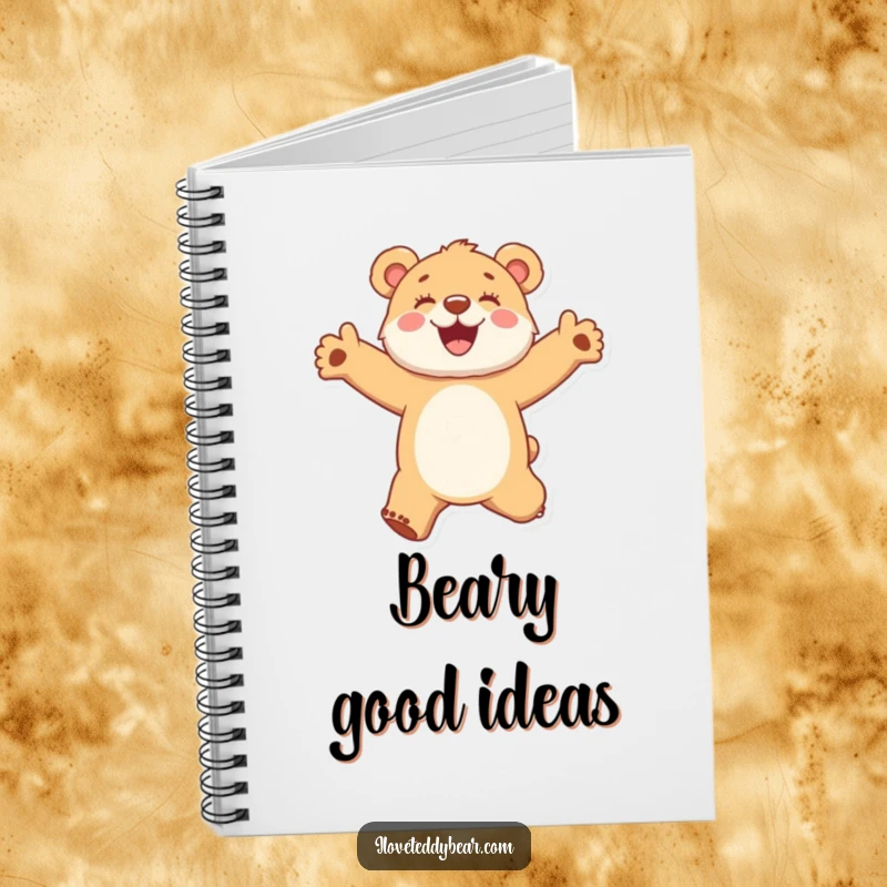 Funny notebook with a fuzzy bear cub jumping with glee and arms outstretched, ideal for note-taking and inspiration.