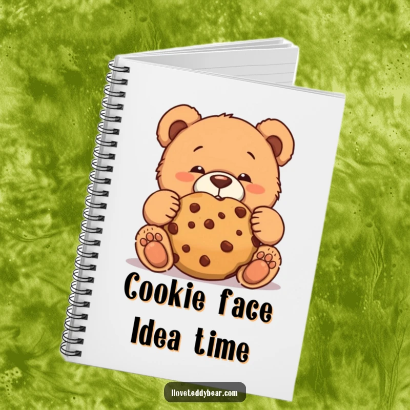 Funny teddy bear notebook with a bear making a funny face while trying to eat a giant cookie discreetly.