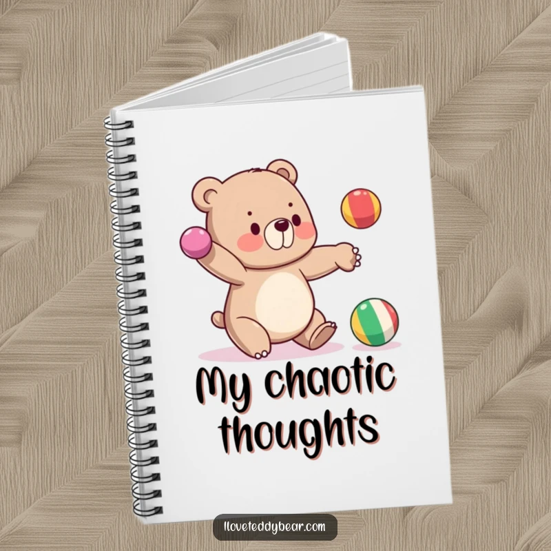 Funny notebook with a bear trying to juggle three balls, one falling, perfect for jotting down notes with humor.