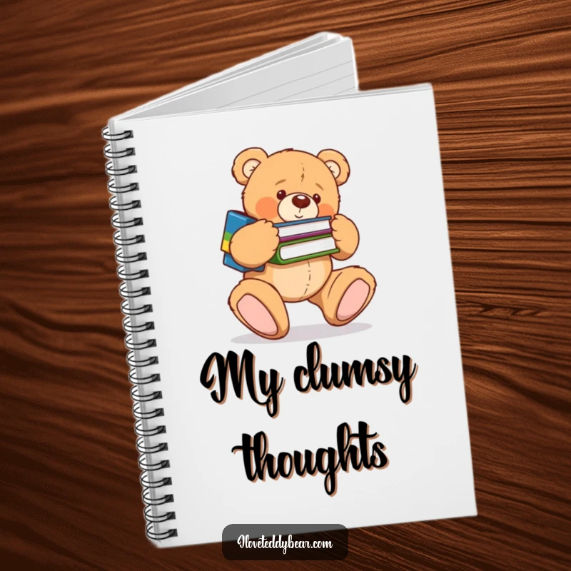 Funny notebook cover with a clumsy teddy bear tripping over its feet, dropping books in a humorous scene. A superb funny gift.