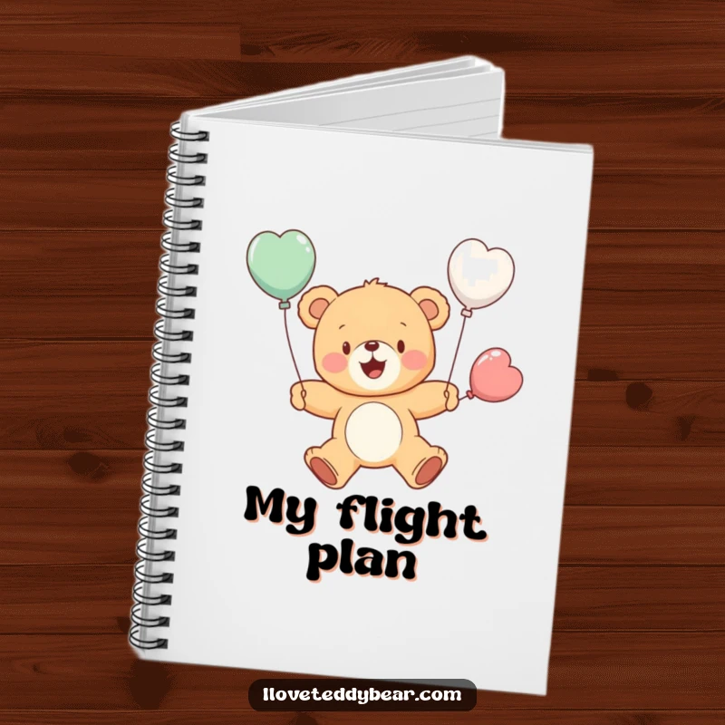 Funny notebook cover with a cheerful teddy bear attempting flight using balloon wings, depicting a joyful and humorous scene. A superb funny gift.