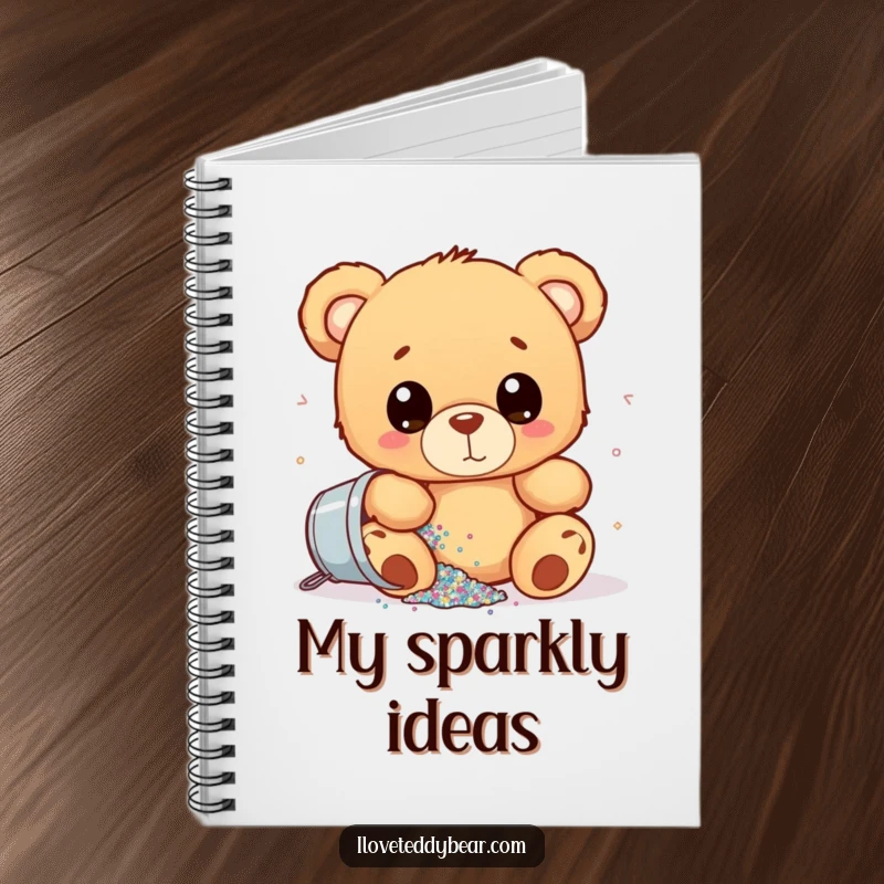 Funny notebook featuring a teddy bear with wide eyes, spilling a bucket of glitter, great for jotting down thoughts with a touch of humor.