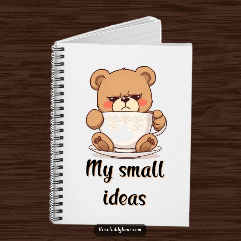 Funny notebook cover with a grumpy teddy bear comically struggling to fit inside a small teacup, a humorous design. A superb funny gift.