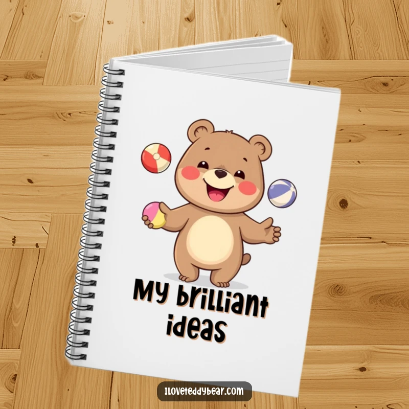Funny notebook cover featuring a happy bear juggling colorful balls, ideal for note-taking with a dose of humor and visual delight.