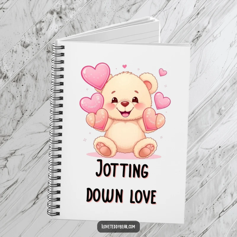 Funny notebook featuring a fluffy teddy bear wide grinning while juggling sparkly hearts, ideal for jotting down loving thoughts.