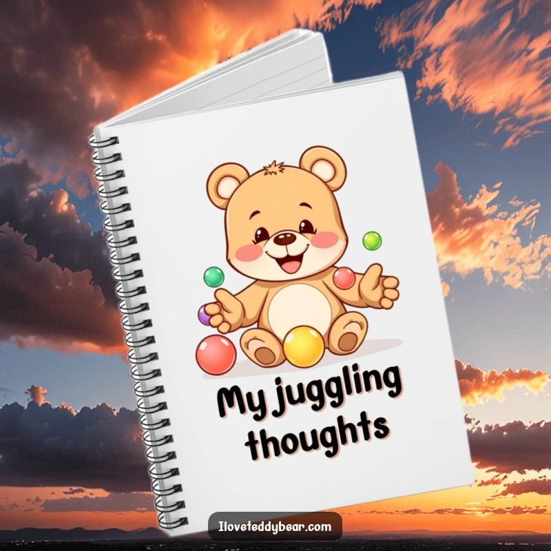 Funny notebook cover with a playful teddy bear mischievously juggling marbles, conveying humor and fun. A superb funny gift.