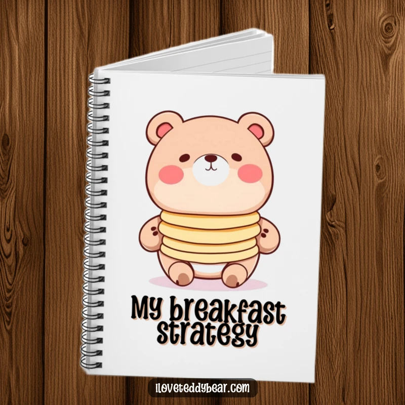Funny pancake bear notebook, round bear with rosy cheeks balancing pancakes, cute cartoon art, journaling tool.
