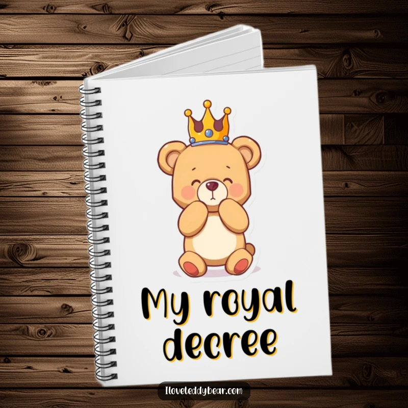 Funny notebook featuring a teddy bear in a crown, bowing with a flourish, ideal for journaling grand ideas with a touch of humor.
