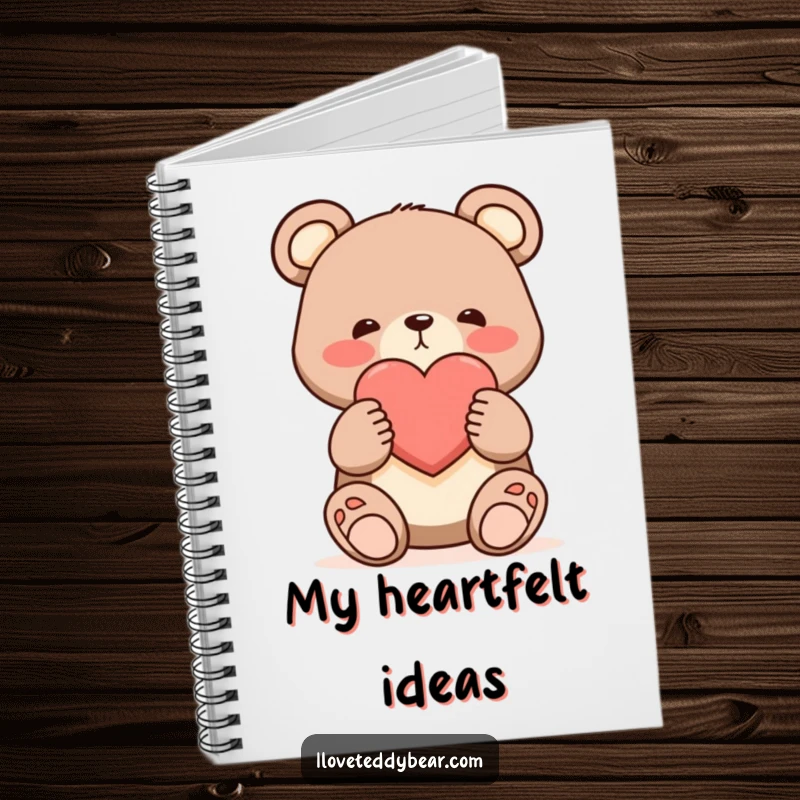 Funny shy bear notebook, bear offering a single large heart with a blush, cute cartoon art, journaling tool.