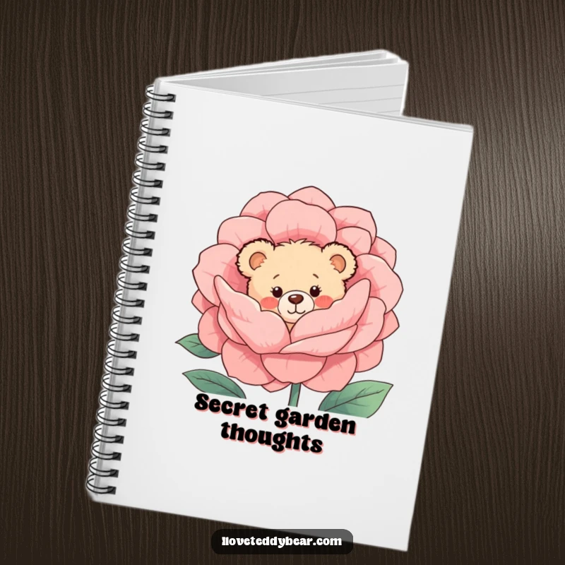 Funny Notebook: A shy teddy bear with rosy cheeks peeks out from behind a blooming flower, inspiring sweet notes and gentle reflections.