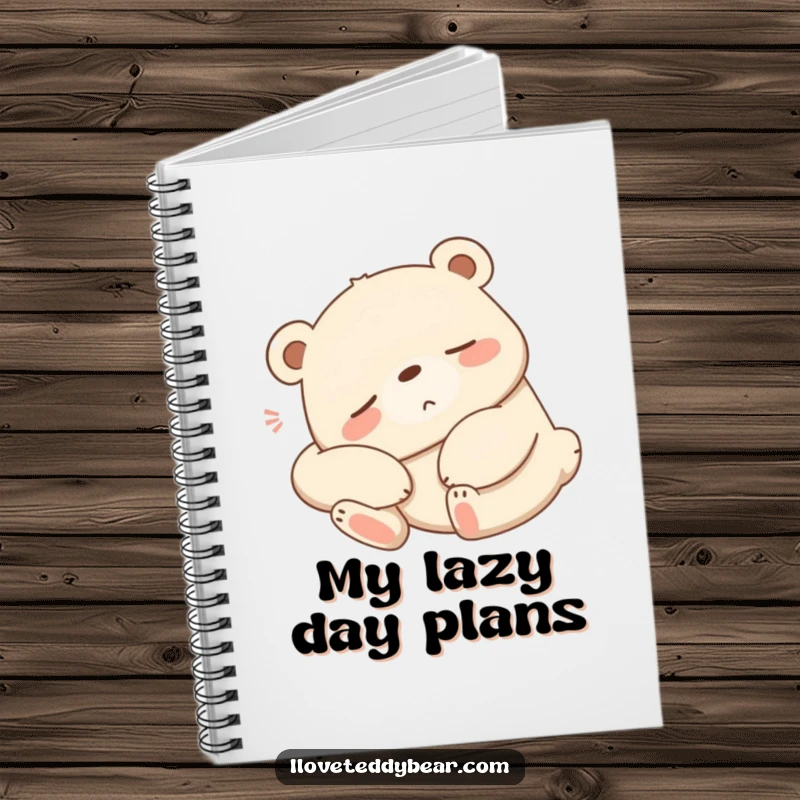 Funny sleepy bear notebook, bear stretching lazily with a contented sigh, relaxing cartoon art, journaling tool.