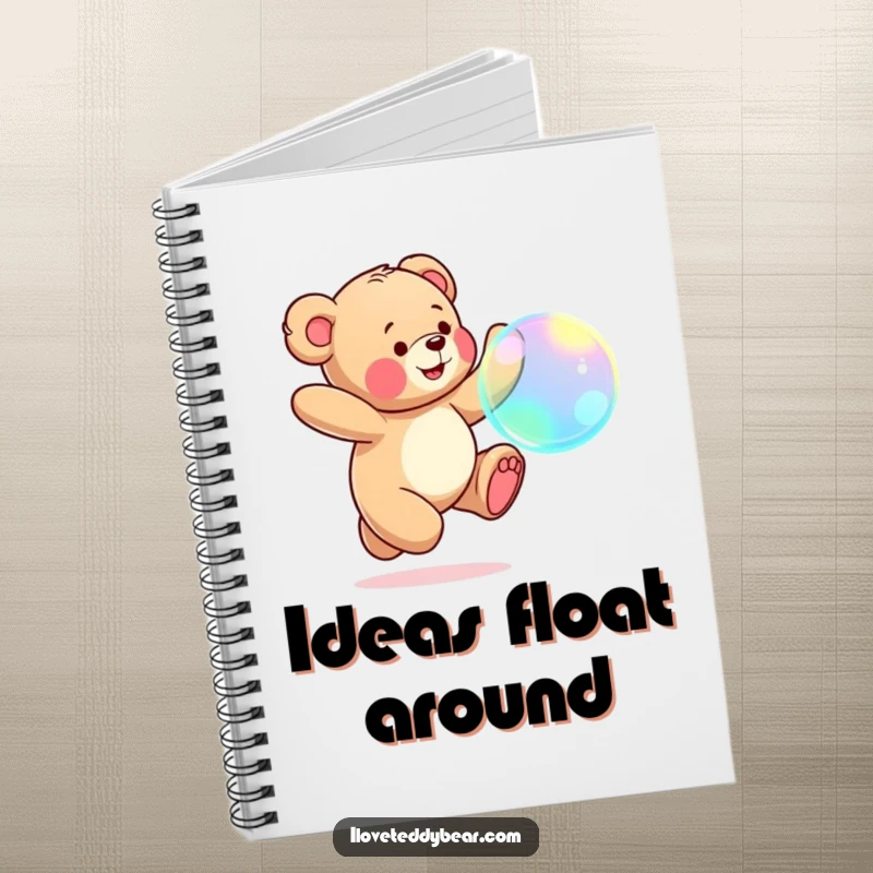 Funny Teddy Bear Notebook: A teddy bear joyfully leaps after a large, iridescent bubble, designed for capturing bright ideas.