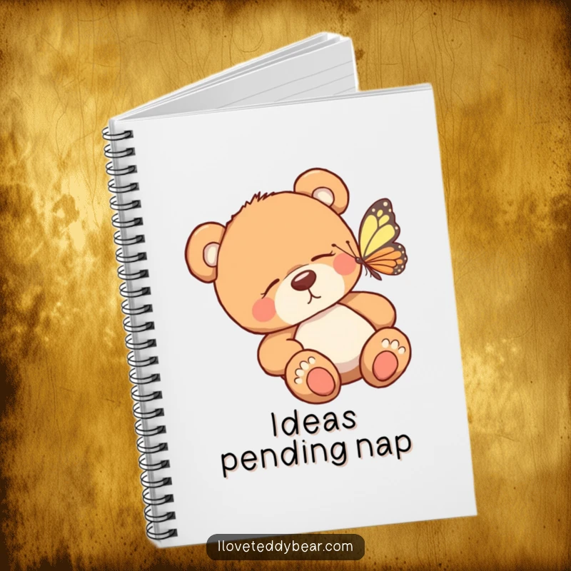 Funny notebook cover with a sleepy teddy bear being tickled awake by a butterfly, great for journaling with a humorous and cute theme.