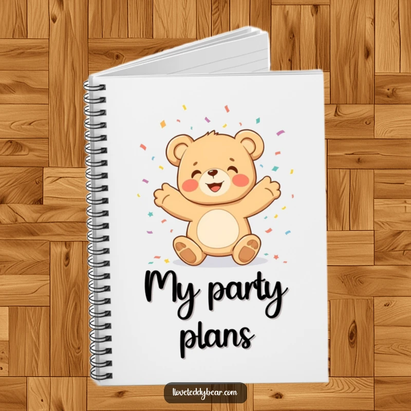 Funny teddy bear character joyfully throwing confetti, illustrated on the cover of a notebook for plans and ideas.