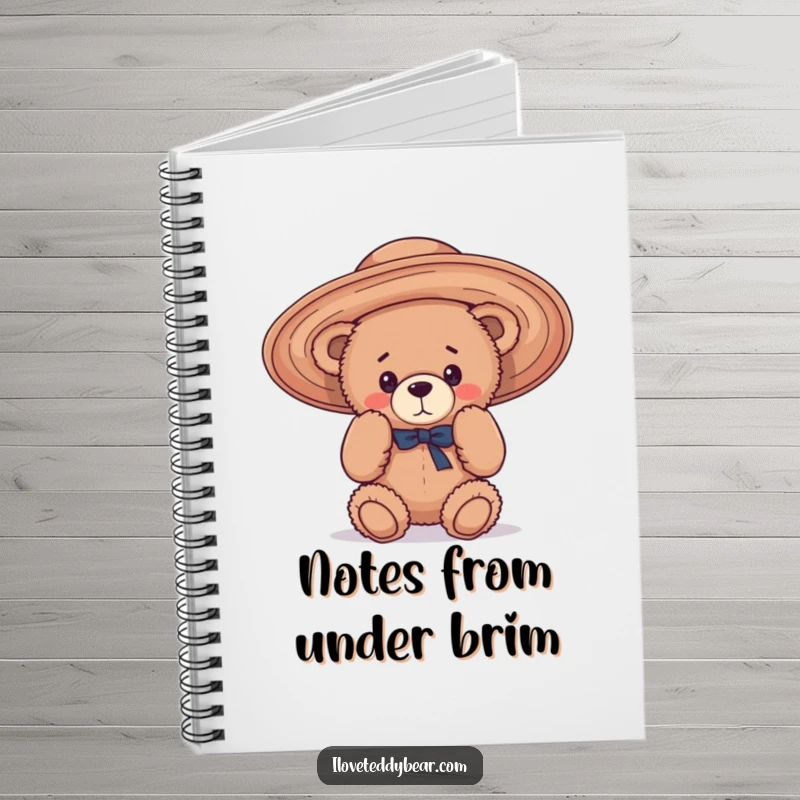 Funny Notebook cover with a teddy bear comically attempting to wear a very large, floppy hat, inspiring playful note-taking.